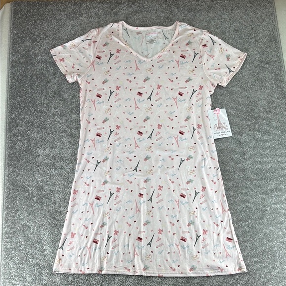 NWT Paris Dreams Short Sleeve Pink Floral Nightgown Dress Womens L Pajama PJ - Picture 1 of 7